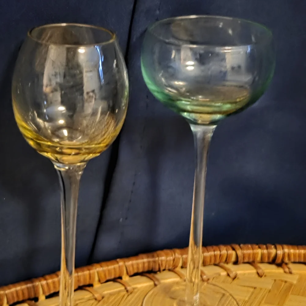 Vintage Colored Glass Cordial Shot Glasses Set of 2 Amber & Green MCM Barware